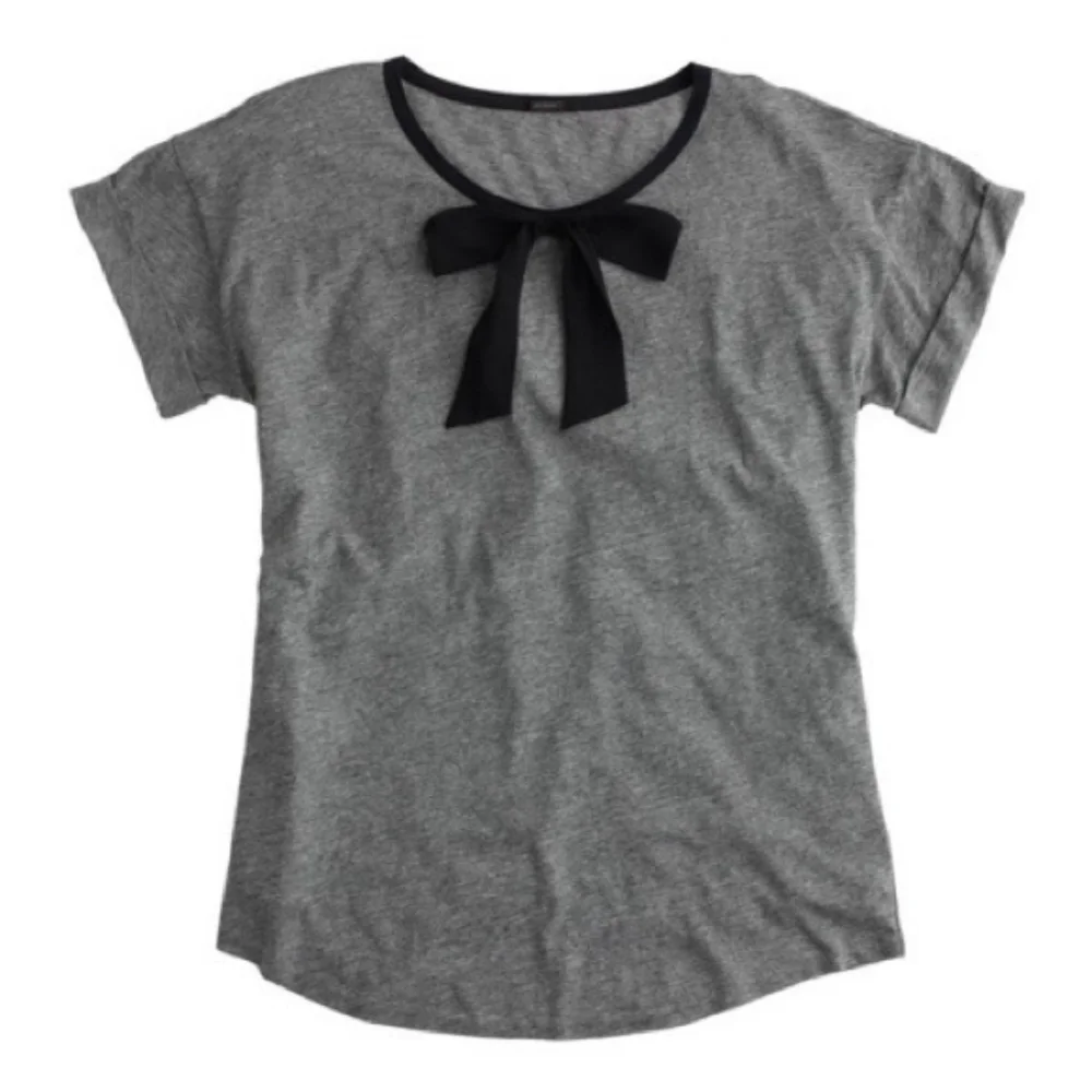 J CREW Gray Tee S Black Bow Applique Silk Trim Heather Grey Top Holiday 2014
